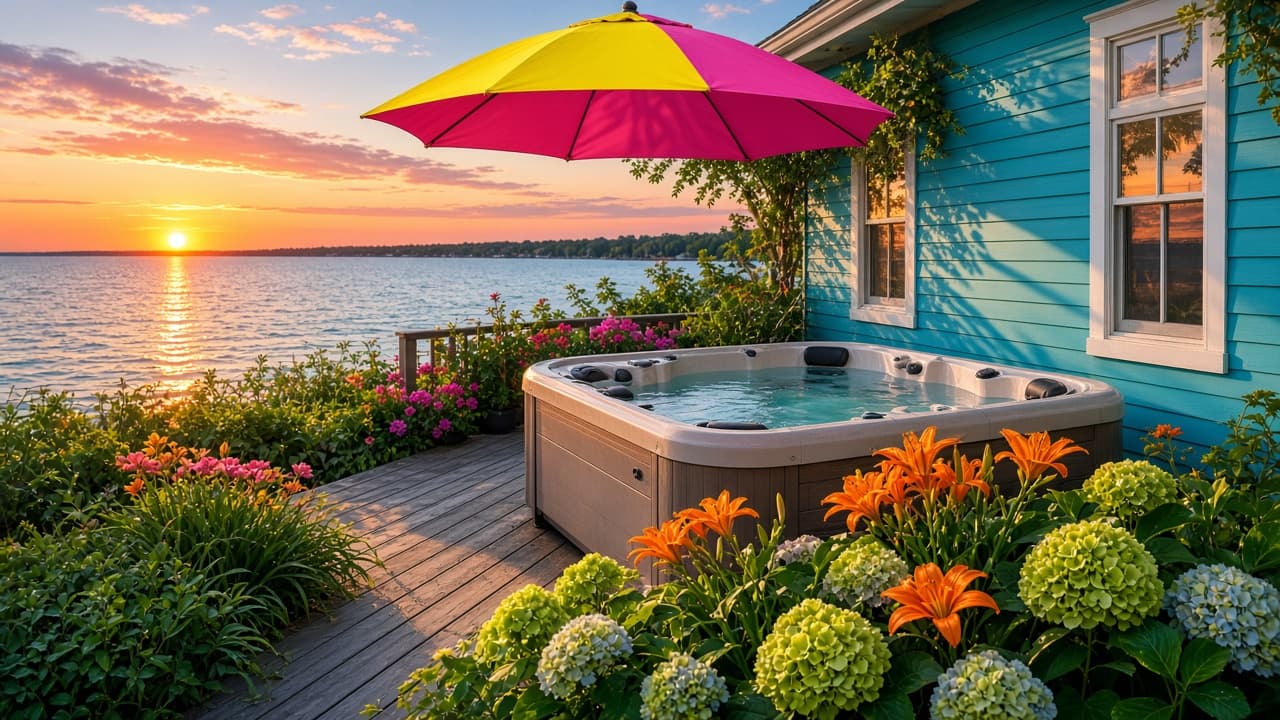 A Michigan lakeside backyard with a hot tub on a cedar deck at golden hour, Lake St. Clair glowing behind it