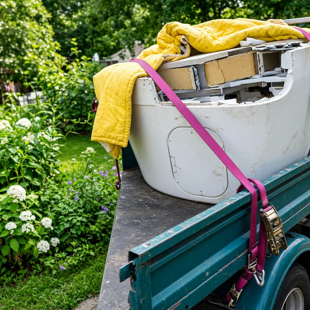 A cut-open hot tub shell strapped onto a teal truck bed with summer garden behind it