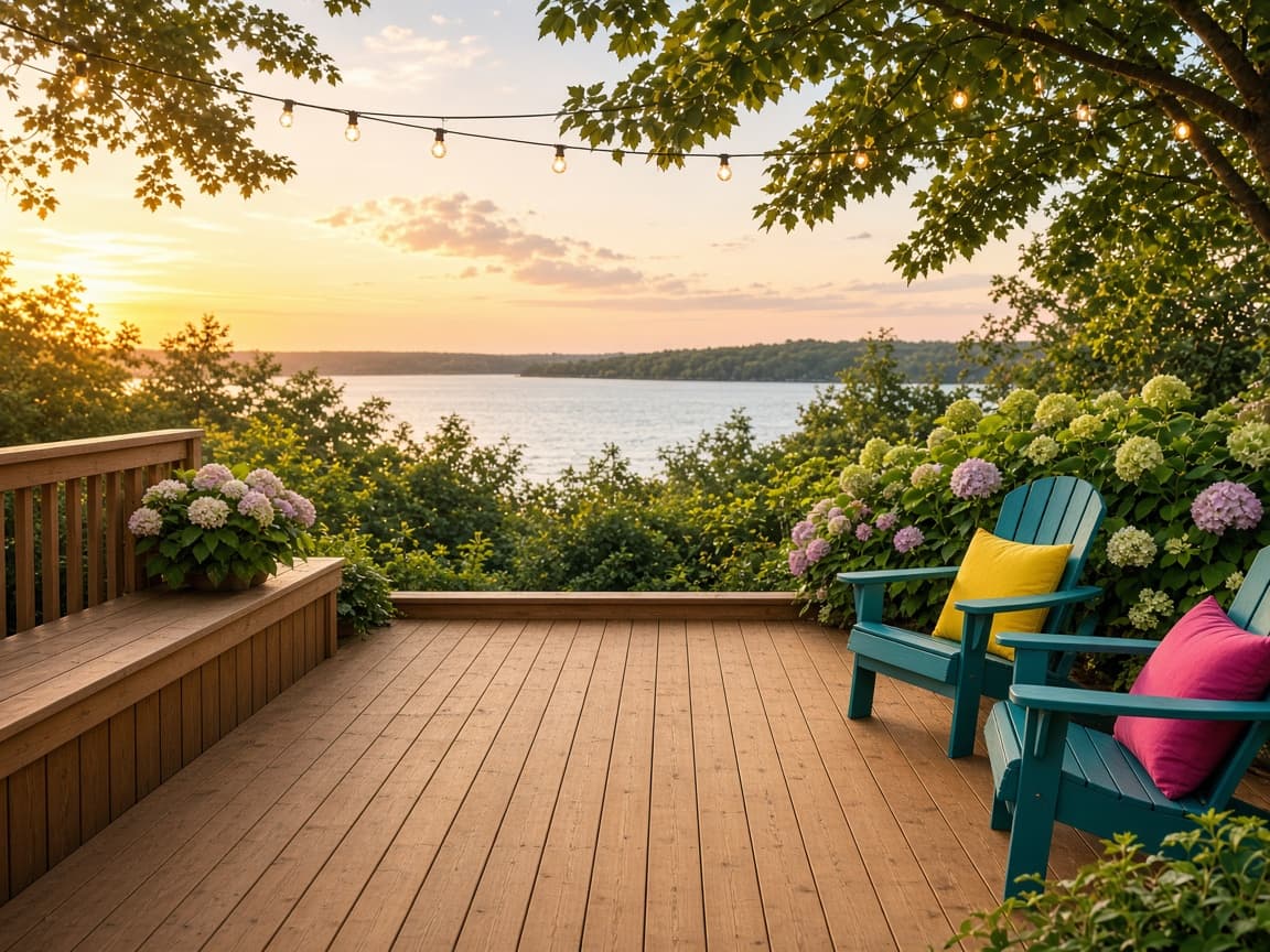A cleared Michigan patio with teal Adirondack chairs after the hot tub was removed
