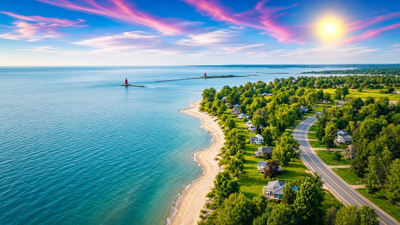 Aerial-style view of Michigan summer shoreline along Lake St. Clair in the Blue Water Area